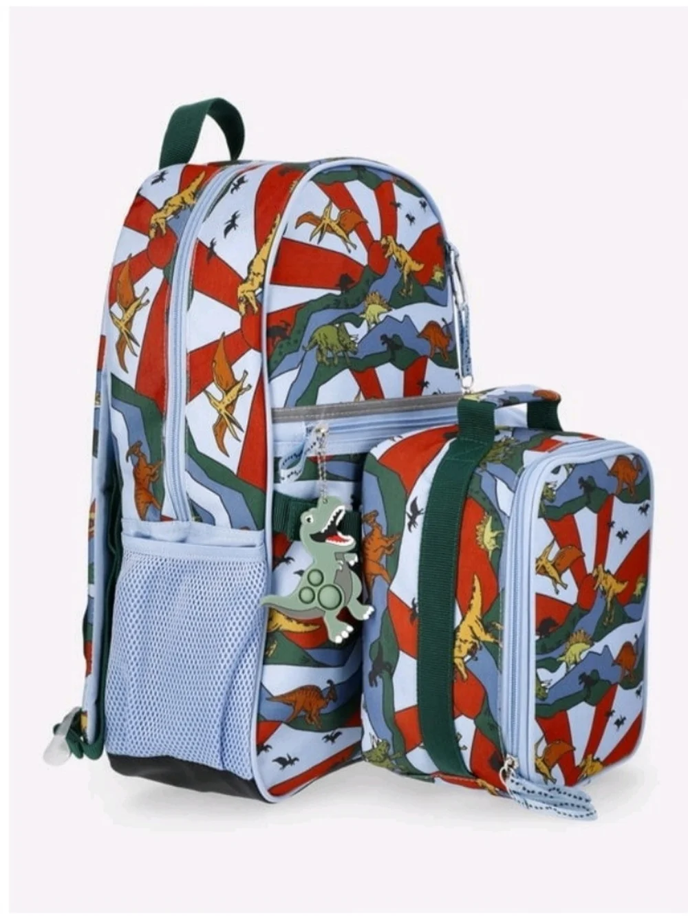 Kids Dinosaur Backpack and Lunch Bag Set - Light Blue, Green, Red